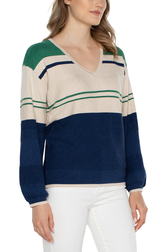 LIVERPOOL V Neck Blouson Sweater w/ Color Blocking
