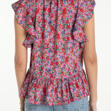 Flutter Sleeve Peplum Woven Top w/Ties (Liverpool)