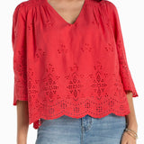 3/4 Sleeve V Neck Eyelet Woven Top (Liverpool)