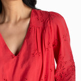 3/4 Sleeve V Neck Eyelet Woven Top (Liverpool)