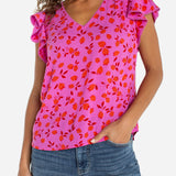 Short Sleeve Flutter V Neck Woven Top (Liverpool)
