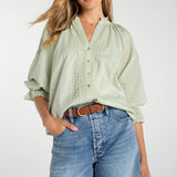 3/4 Sleeve Button Front Woven Top (Liverpool)
