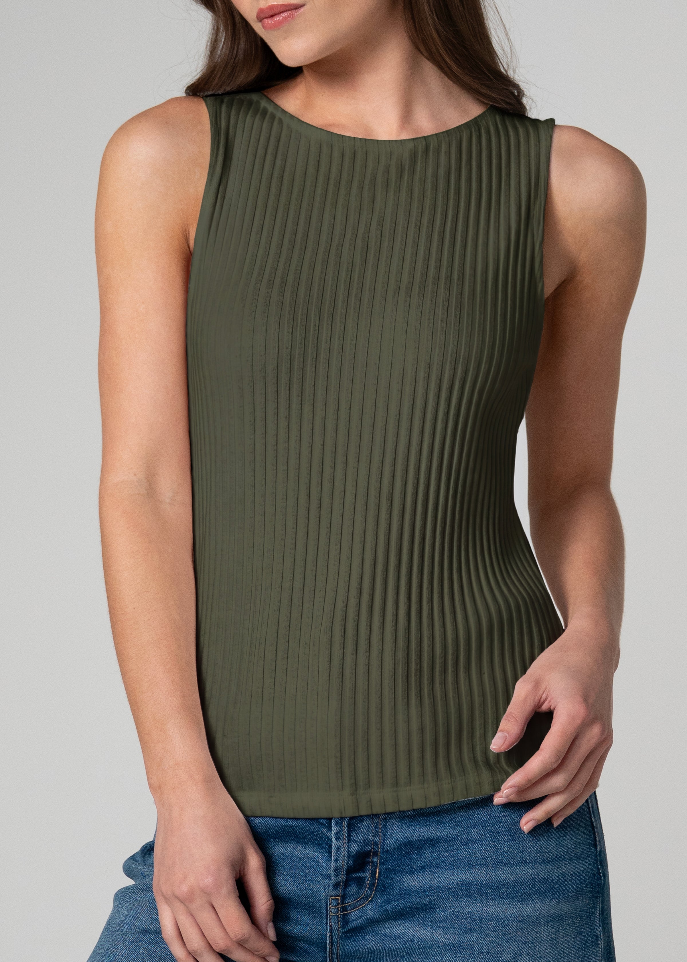 Sleeveless Boatneck Rib Knit Tank (Liverpool)