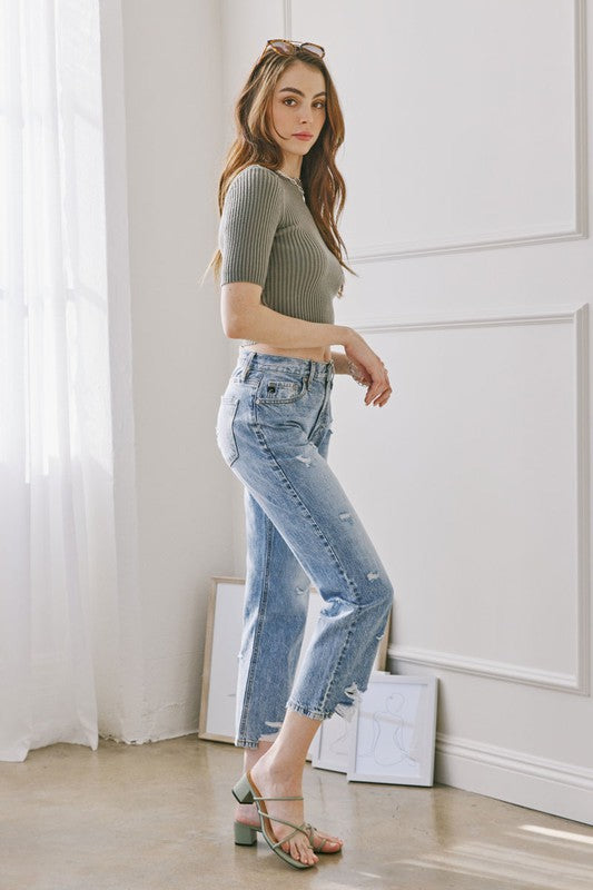 KAN CAN Distressed High Rise Straight Jean (Ivette)