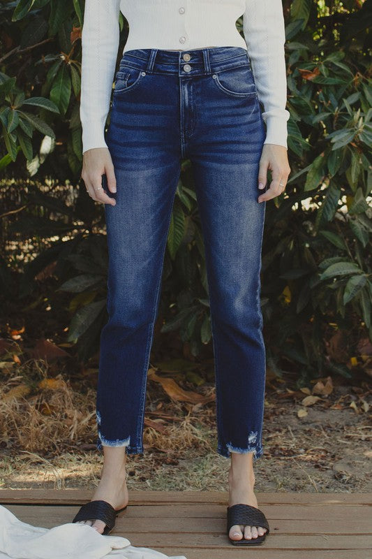 KAN CAN Double Button High Rise Slim Straight Jean (Ava)