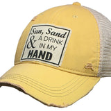 "Sun, Sand & A Drink In My Hand" Distressed Trucker Cap (Yellow)