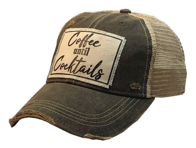 "Coffee Until Cocktails" Distressed Trucker Cap (Black)