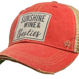 "Sunshine, Wine & Besties" Distressed Trucker Cap (Light Red)